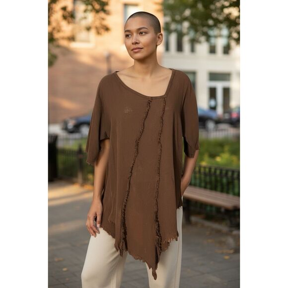 Oh My Gauze! Brown Short Sleeve Asymmetrical Tunic One Size - Picture 1 of 6
